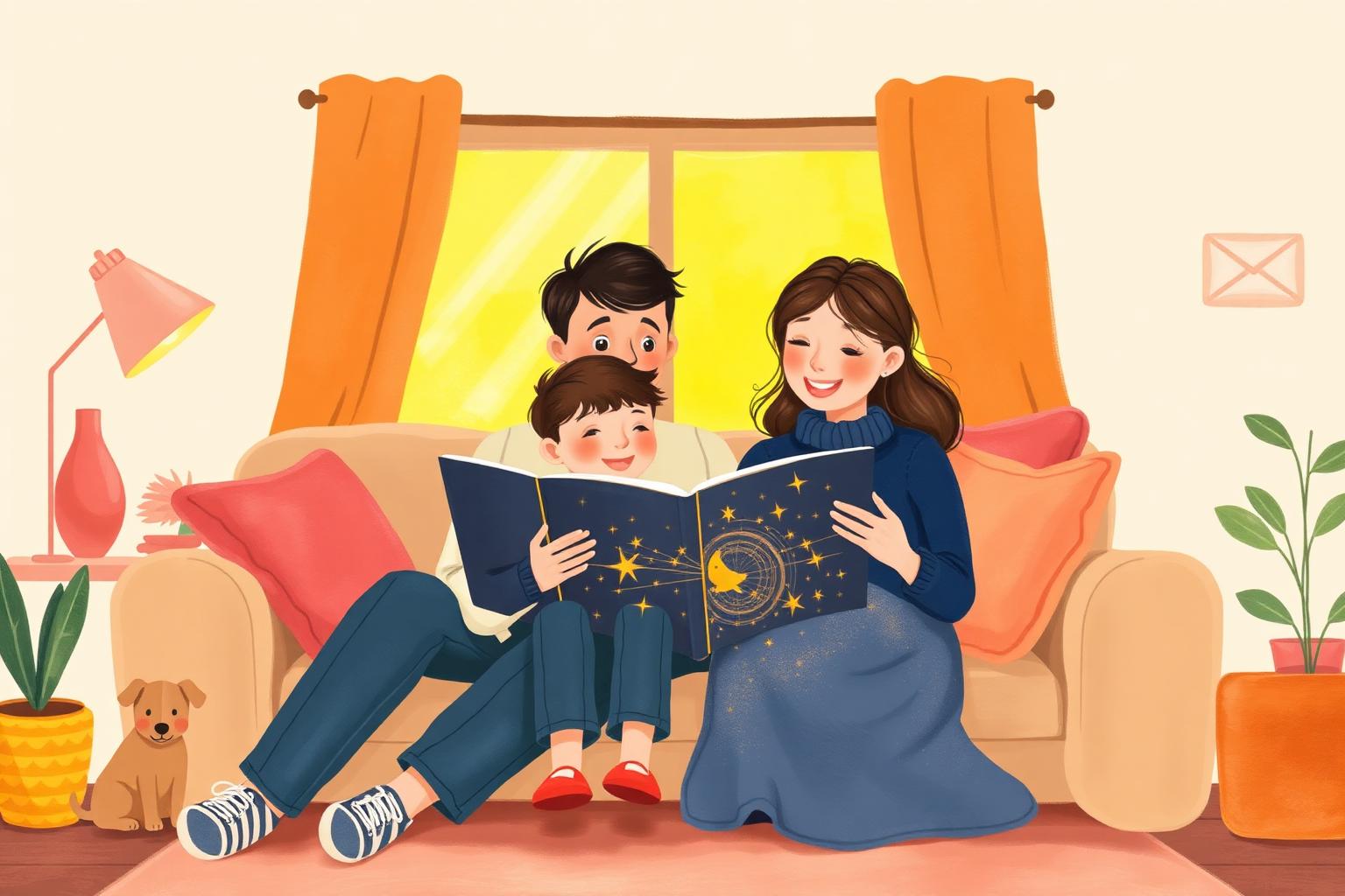 Famille lisant un livre imaginai dans le salon